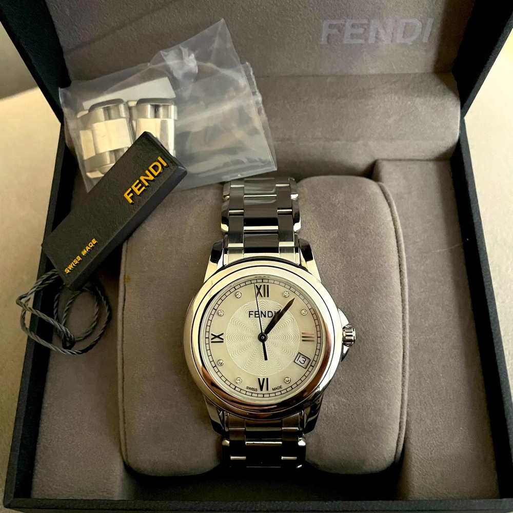 Fendi Stainless Watch with Pearl and Diamond Face
